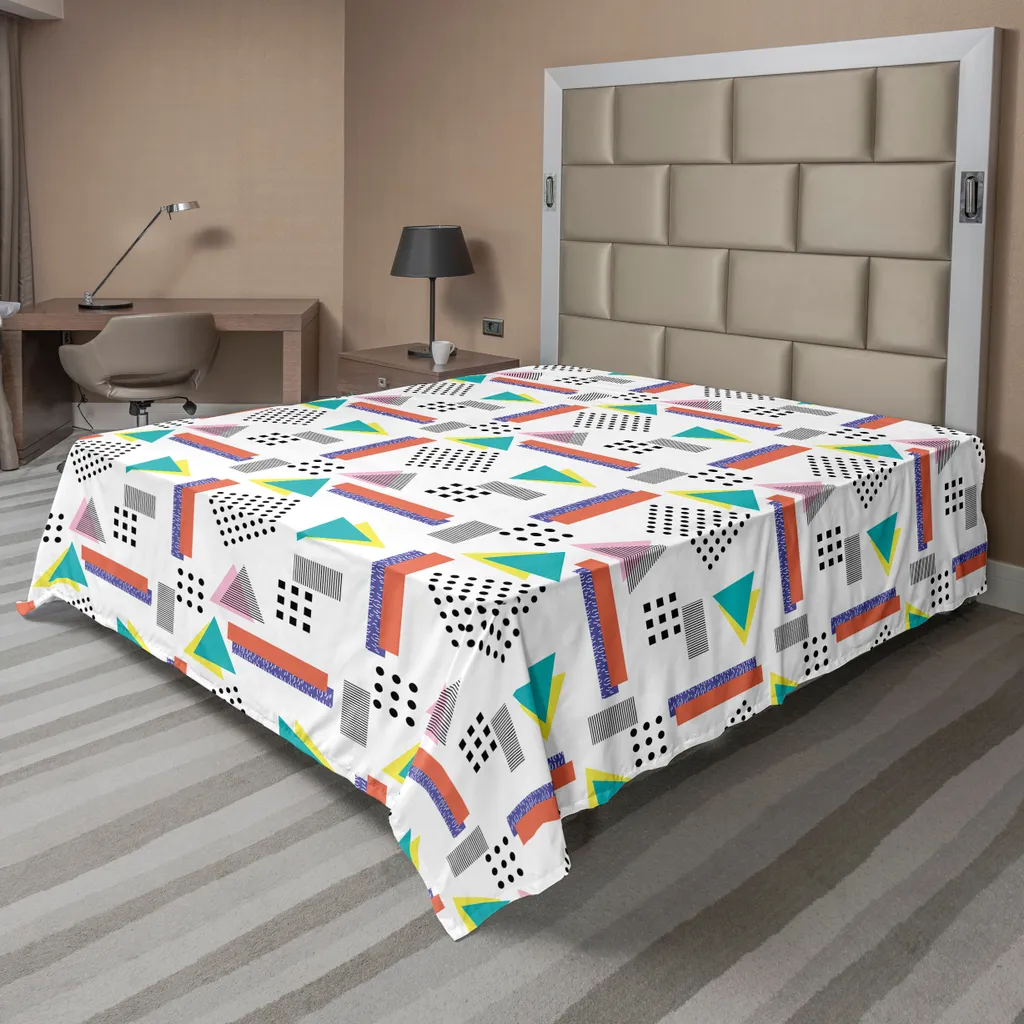 ABAKUHAUS Lenzuolo anni '90, illustrazione in stile Memphis con punti, codice a barre, forme triangolari, arte retrò, lenzuolo morbido e confortevole per un letto decorativo, 1 pezzo, 266 cm x 260 cm, corallo nero