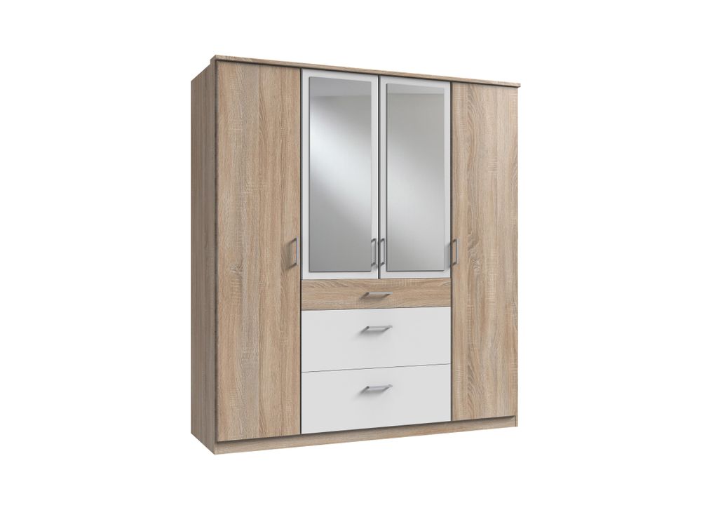 Kleiderschrank Click in Eiche Sägerau mit Weiß - Kleiderschrank 179 cm Breite mit Spiegel
