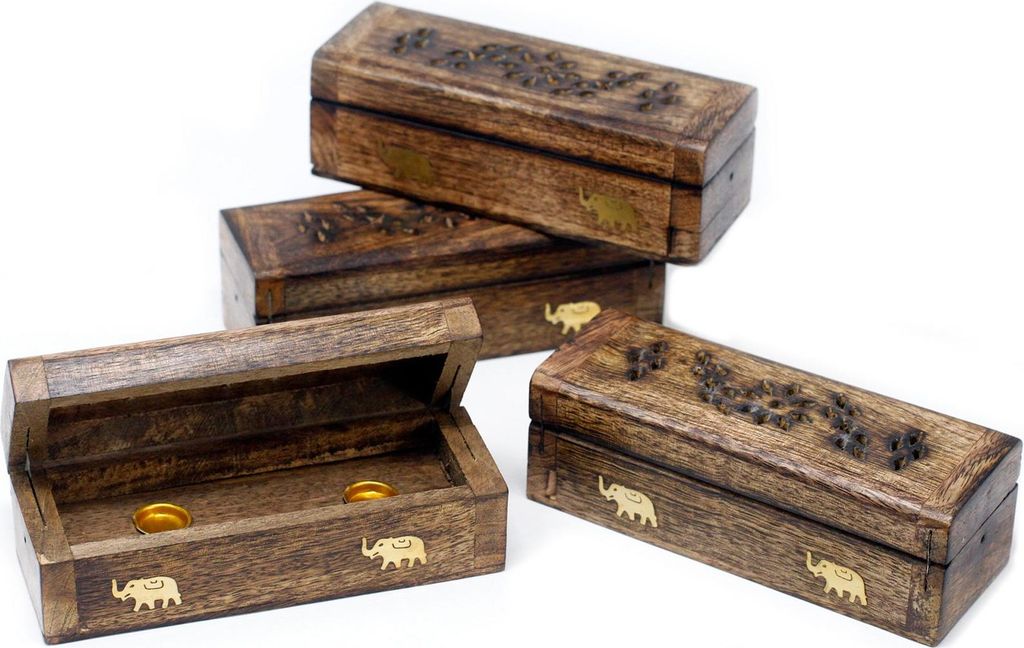 Räucherkiste Mangoholz 15x5,5cm braun Elefant Klappdeckel Räucherwerkdose