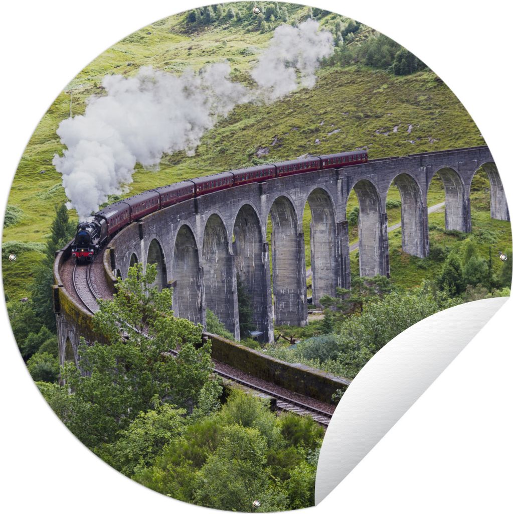 MuchoWow Gartenposter Outdoor-Poster Rund Dampfzug inmitten der grünen Landschaft Schottlands Ø 150 cm Gartendeko Rundes Poster draußen