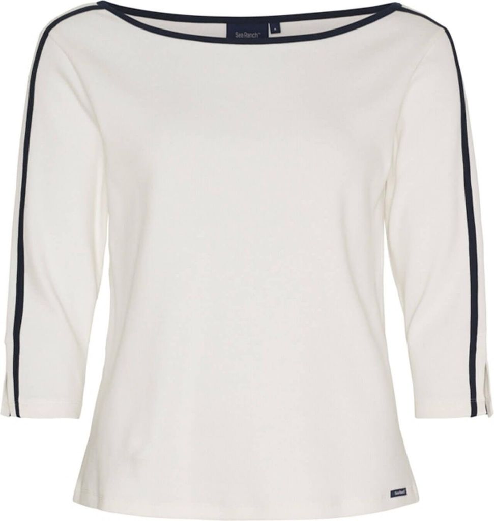 Sea Ranch Damen 3/4-Arm-Shirt Margaret mit U-Boot-Ausschnitt - Rippstrick-Shirt mit Kontrastabsetzung in Pearl Größe XL