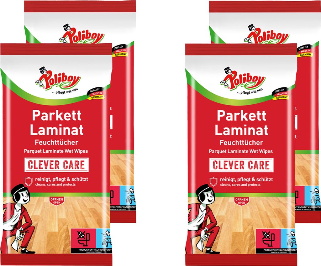 Poliboy Parkett & Laminat Feuchttücher - gründliche, schnelle Reinigung speziell für Parkett- und Laminatböden - 4 x 15 Tücher
