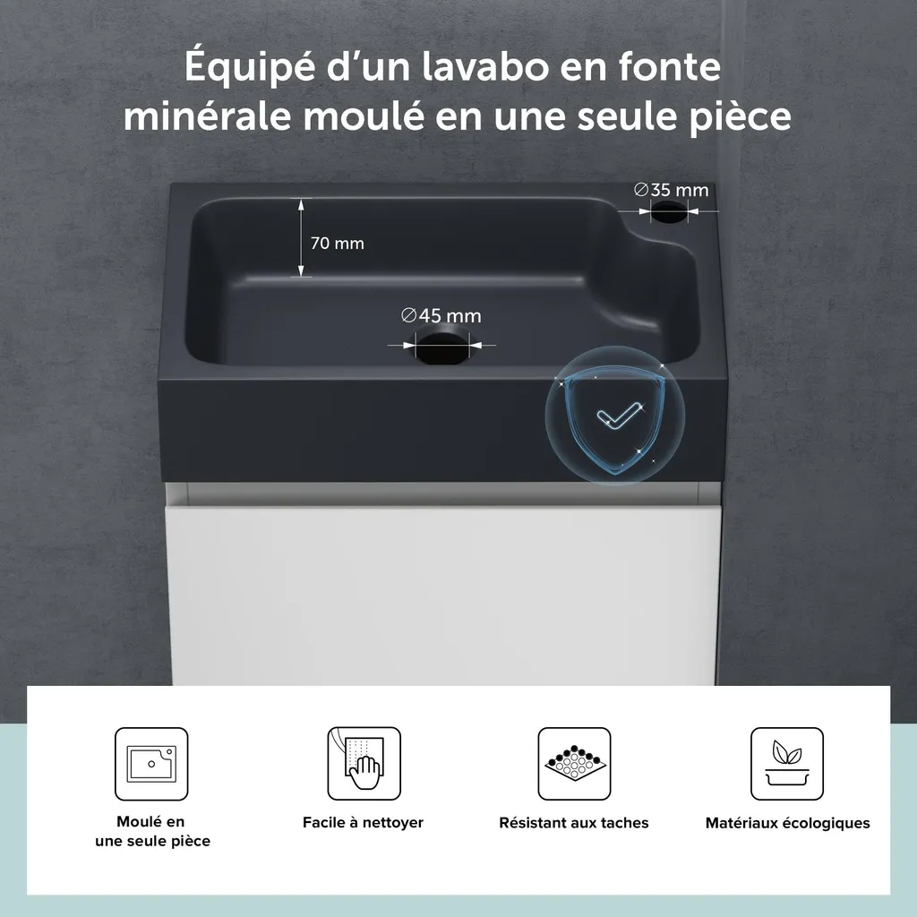 Ensemble Meuble Lave-mains 46cm avec Vasque Solid Surface et Miroir LED