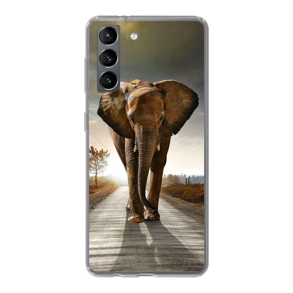 MuchoWow Handyhülle Schutzhülle Hülle für Samsung Galaxy S21 Elefant - Straße - Tiere - Sonnenuntergang - Landschaft Silikon Softcase Handy ...