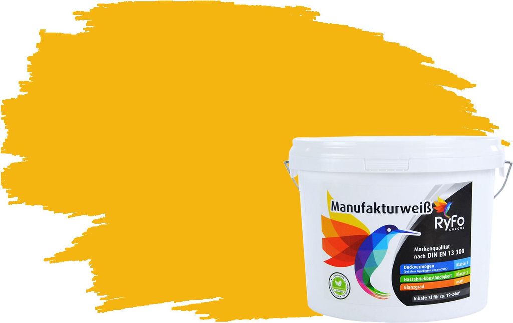 RyFo Colors Bunte Wandfarbe Manufakturweiß Sonnengelb 3l - weitere Gelb Farbtöne und Größen erhältlich, Deckkraft Klasse 1, Nassabrieb Klasse 1