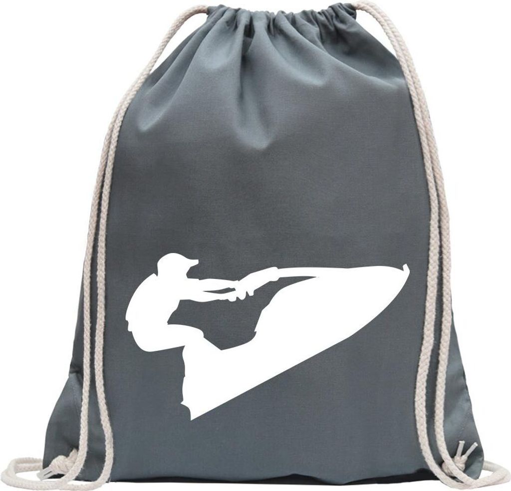 Kiwistar - Turnbeutel - stahlgrau - Jet-Ski Jetboot Fahrer Figur - Fun Rucksack Sport Beutel Gymsack Baumwolle mit Ziehgurt