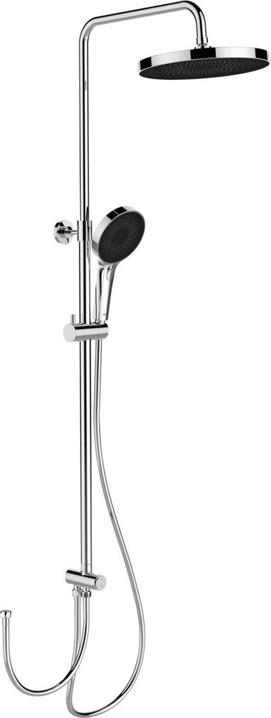 A chrome shower system with a rain shower head and a handheld shower head.