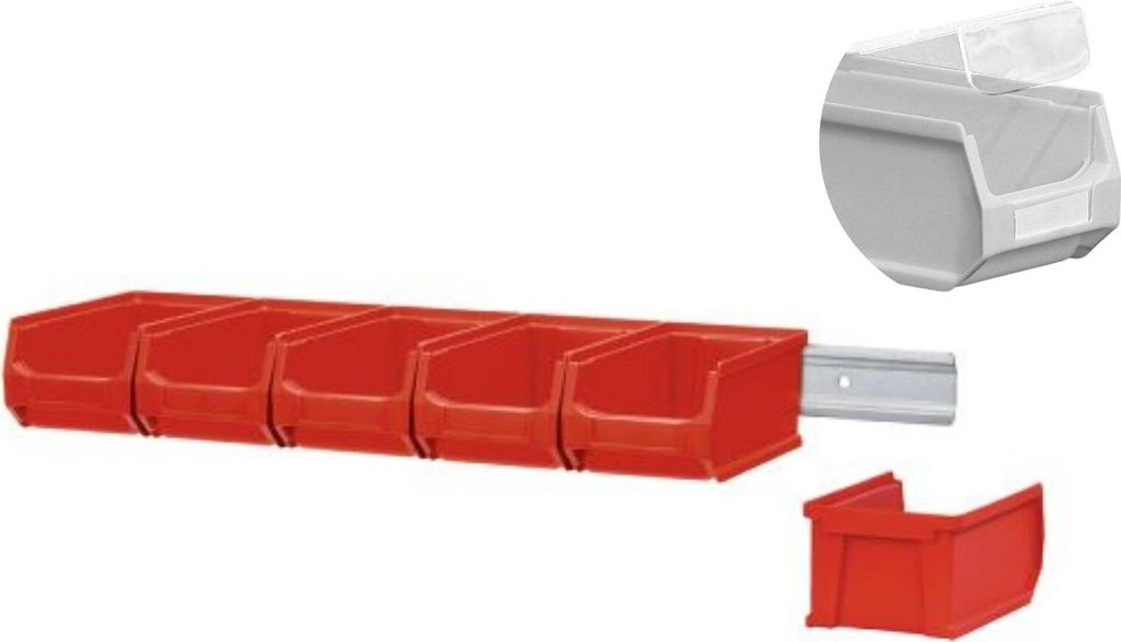 Wandleiste mit 6x Rote Sichtlagerbox 2.0 mit Abdeckung | HxBxT 7,6x60,5x17,6cm | Wandhalterung, Kleinteileaufbewahrung, Sortimentsboxhalterung
