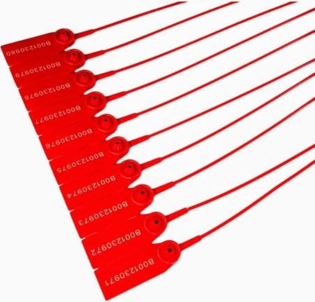 A group of red plastic security seals laid out diagonally on a white background.