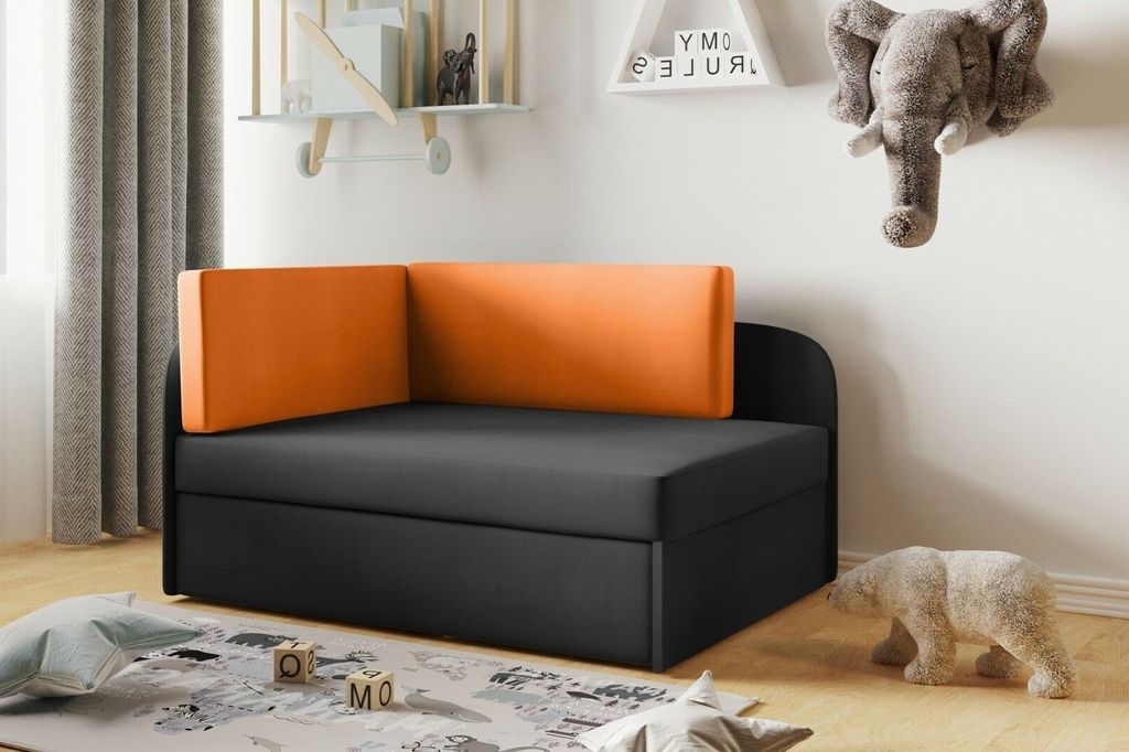 Kaiser Möbel Kinderbett Kindersofa mit schlaffinktion und bettkasten, wachsendes Bett WINNIE Schwarz-Orange Rechts