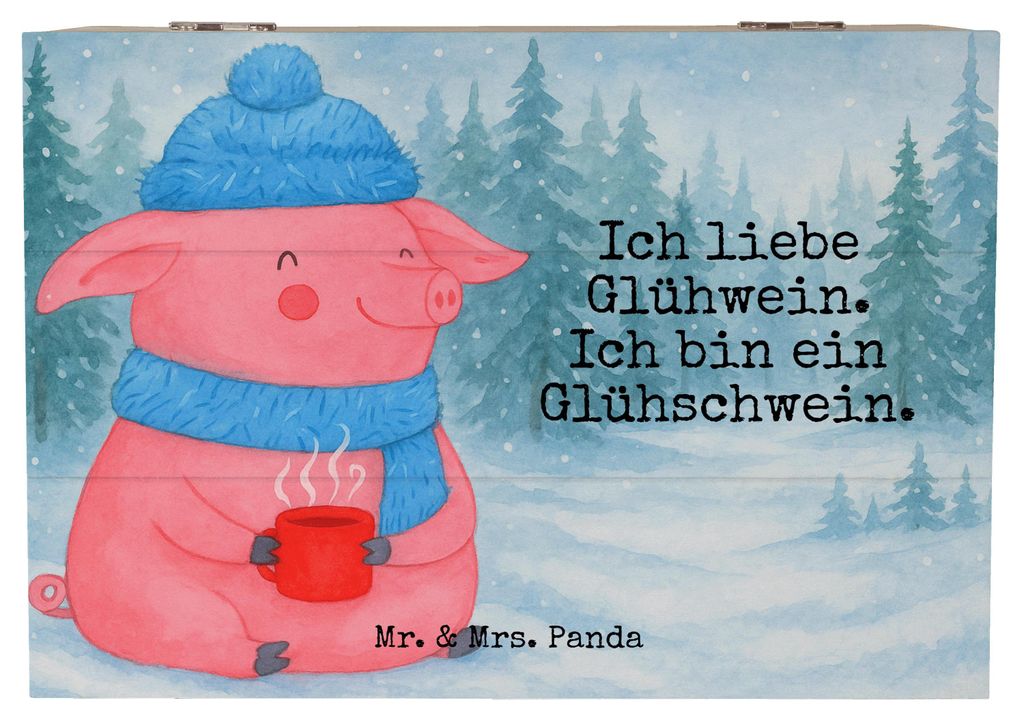 Mr. & Mrs. Panda Holzbox Schwein Glühwein Design 22 x 15 cm - Weiß - Geschenk, Schatulle, Holztruhe, Punsch, Weihnachtsmarkt, schatztruhe, Glühs...