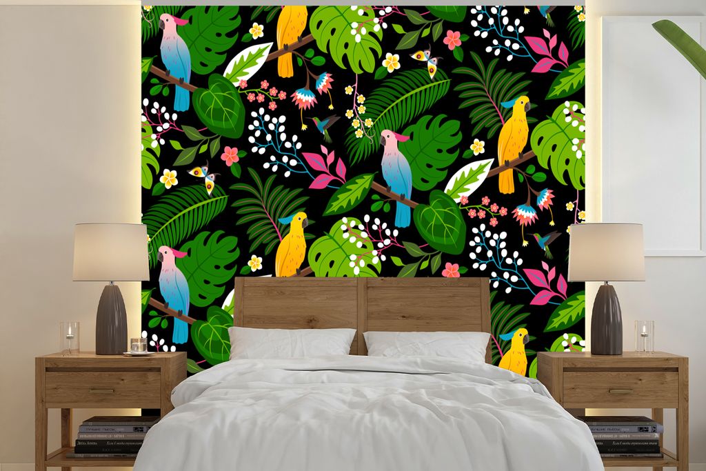 MuchoWow Fototapete für Wohnzimmer oder Schlafzimmer Wandtapete Vinyl Motivtapete Papagei - Dschungel - Farben - Jungen - Mädchen - Kind - 300x...