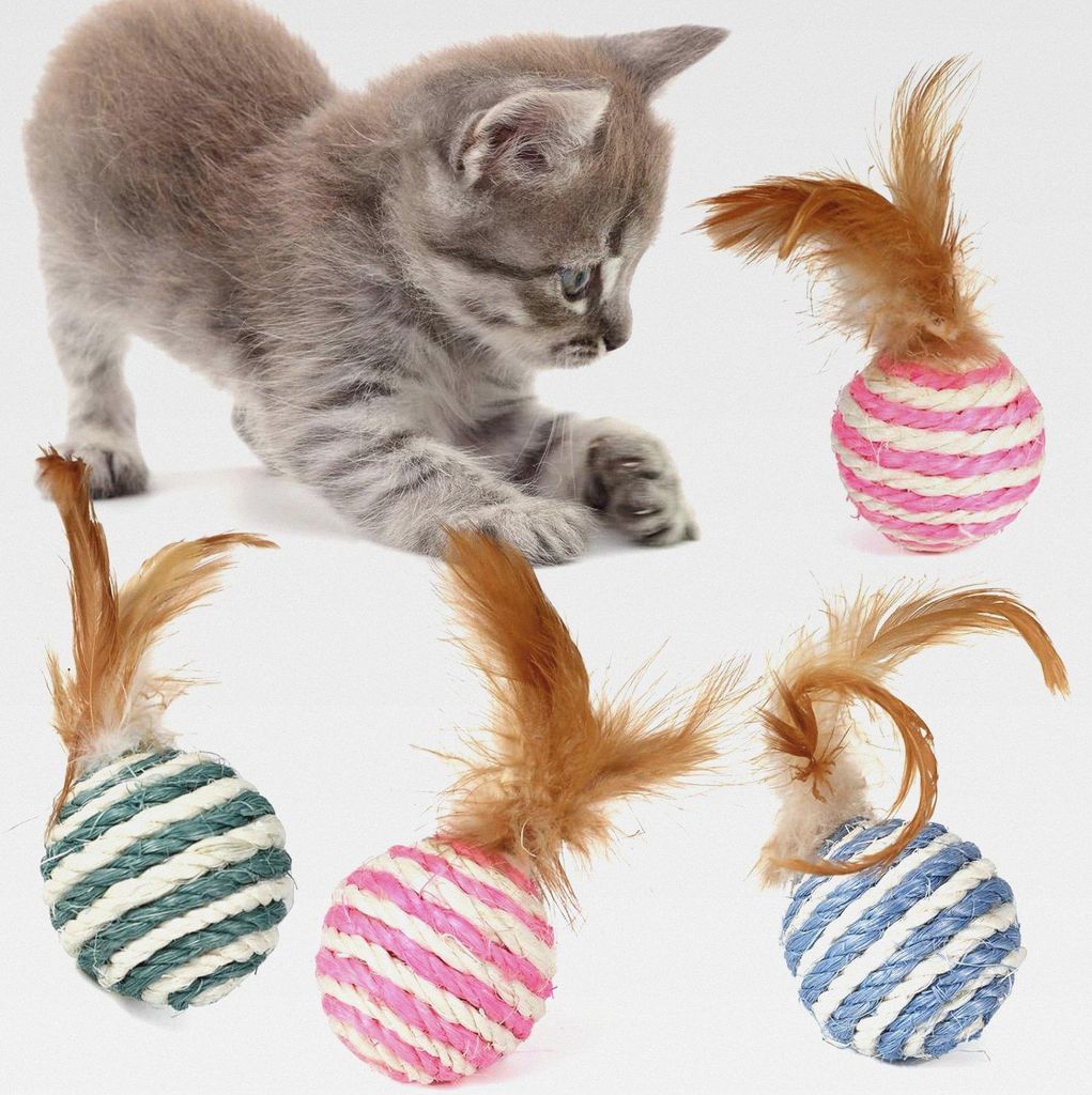 4 Stück Katzenspielzeug Bälle, Katze Feder Spielzeug, Katze Spielzeug Bälle mit Feder, Interaktive Cat Toy Ball Kätzchen Spiel Sport Chase Trai...