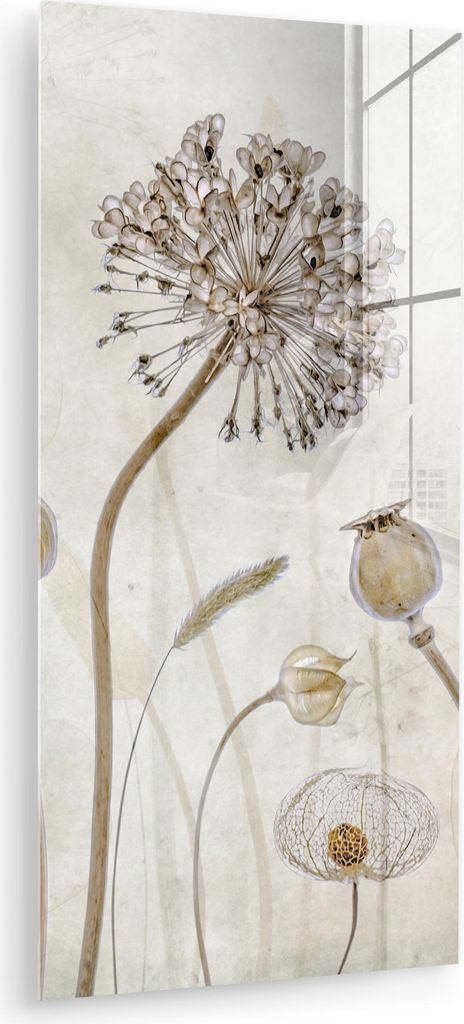 MuchoWow Glasbilder - Bilder auf Wandbild - Foto auf Glas Blumen - Aquarell - Stilleben - Braun - Vintage 40x80 cm Wanddekoration aus Glas - Acrylg...