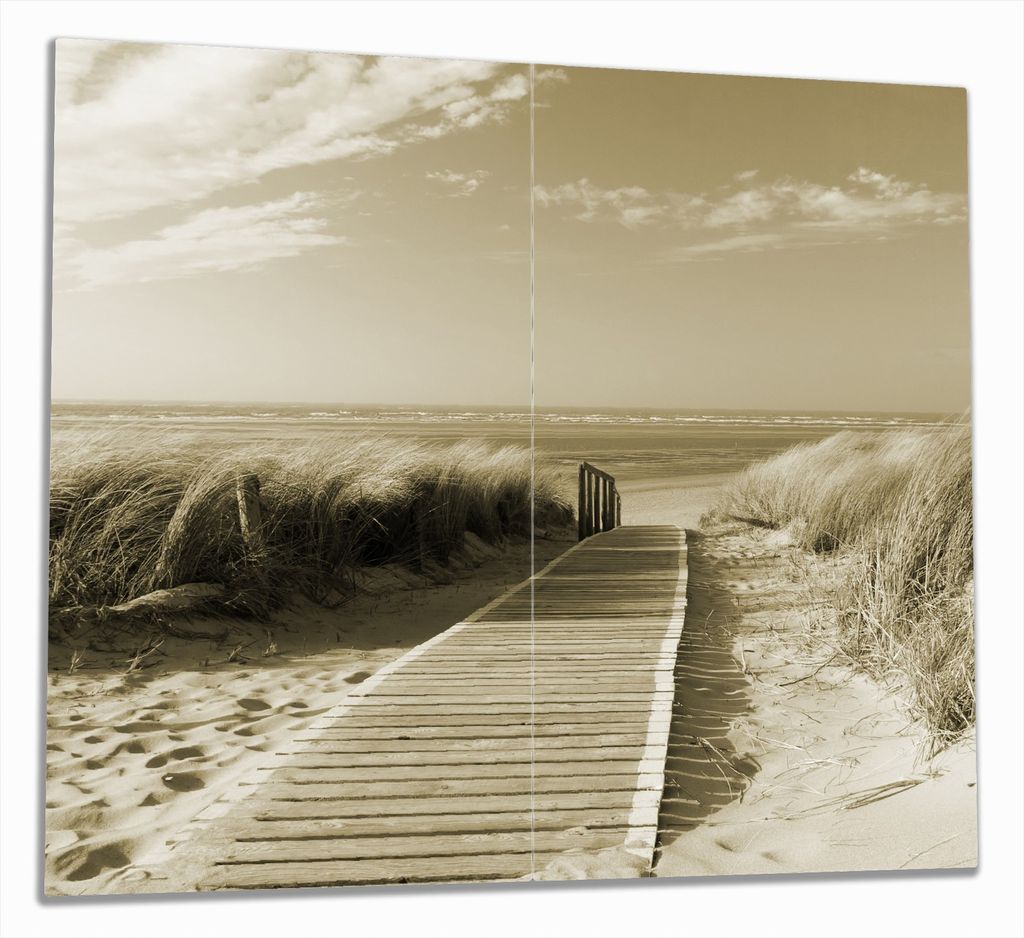Wallario Herdabdeckplatte aus Glas, Größe 60 x 52 cm 2-teilig, Motiv Auf dem Holzweg zum Strand in Sepiafarben
