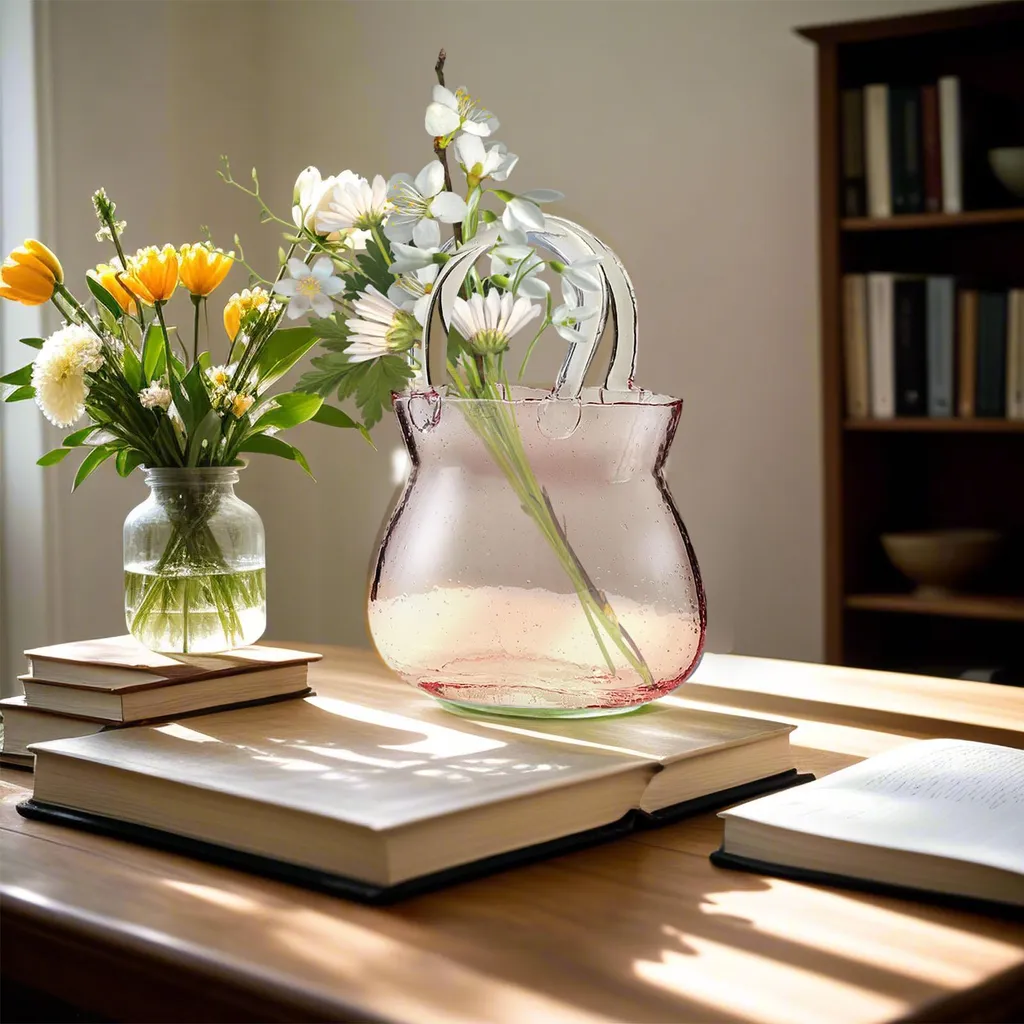 Vase sac à main rose en verre pour composition florale et centre table - 3
