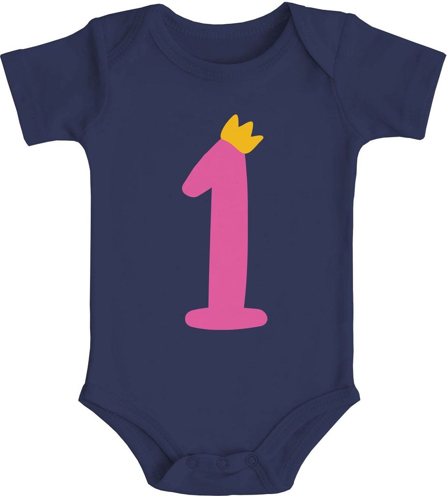 Babybody erster Geburtstag Zahl 1 mit Krone kurzarm Body Baumwolle Geschenk für Einjährige Moonworks navy-pink 6-12 Monate