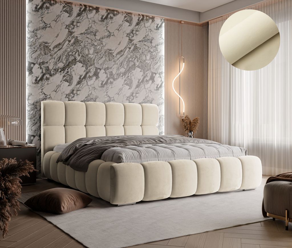 Modernes Polsterbett LIZBONA Farbe Beige ,Magic Velvet 2274, Schlaffläche 140 cm x 200 cm ,Bett mit gepolstertem Kopfteil,Design-Bett mit Bettkasten