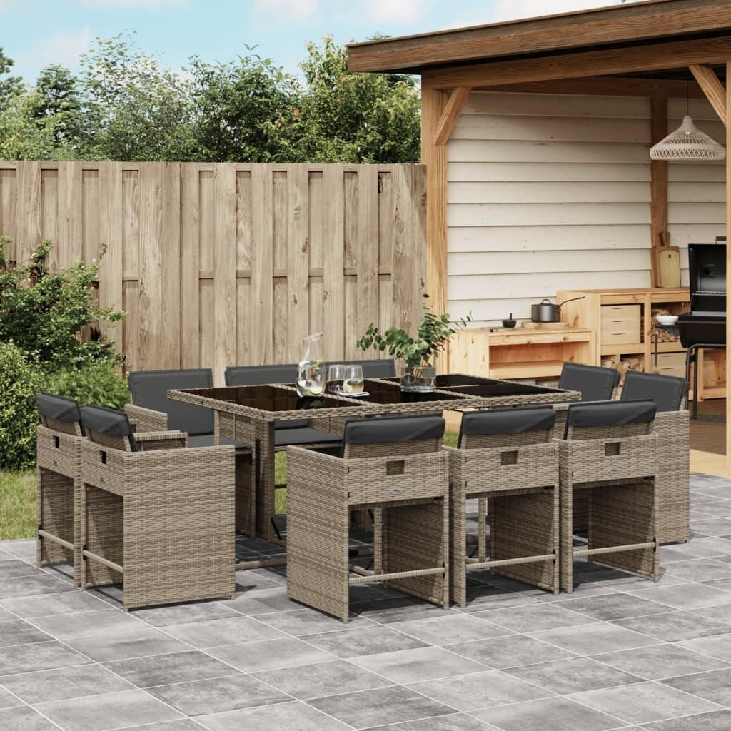 Möbel 11-tlg. Garten-Essgruppe mit Kissen Grau Poly Rattan - Gartenmöbelgarnituren 3211208