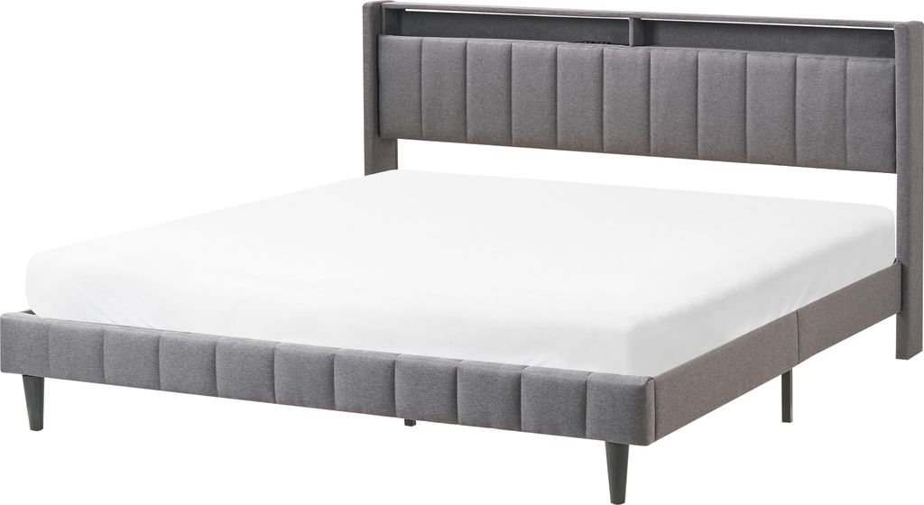 BELIANI Bett mit LED Dunkelgrau Stoff 180 x 200 cm mit Stauraum Kopfteil USB-Anschlüsse Gepolsterter Bettrahmen Modernes Design Schlafzimmer