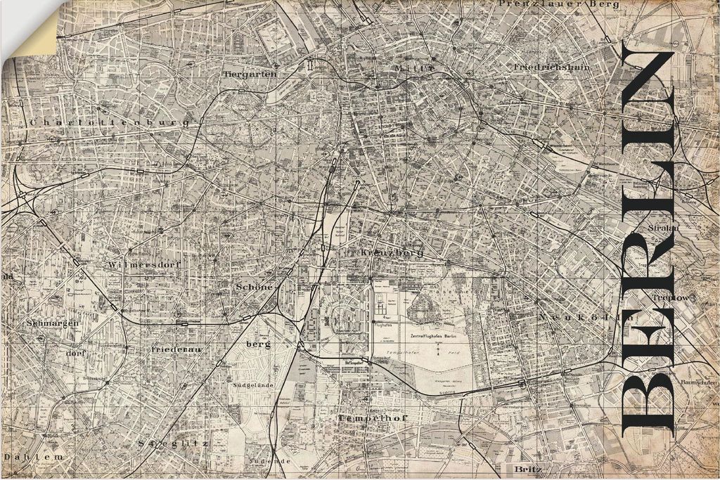ARTland Wandbild, selbstklebend Berlin Karte Straßen Karte Grunge Größe: 90x60 cm