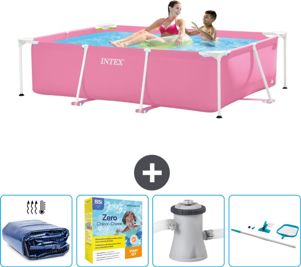 Intex-Schwimmbecken mit rechteckigem Rahmen – 220 x 150 x 60 cm – Rosa – im Lieferumfang enthalten Sonnensegel - Wartungspaket - Filterpumpe ...