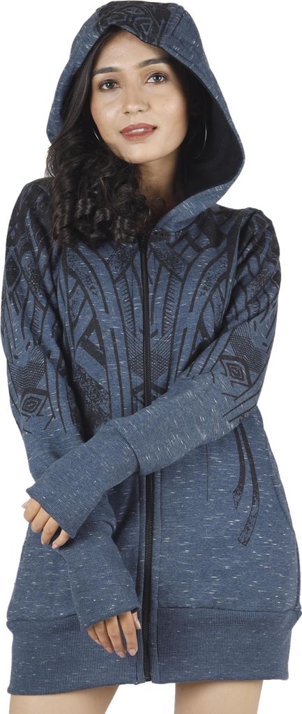 Goa Festival Jacke mit Tribal Print, Jacke mit Weiter Kapuze - Blau, Damen, Baumwolle, Größe: S