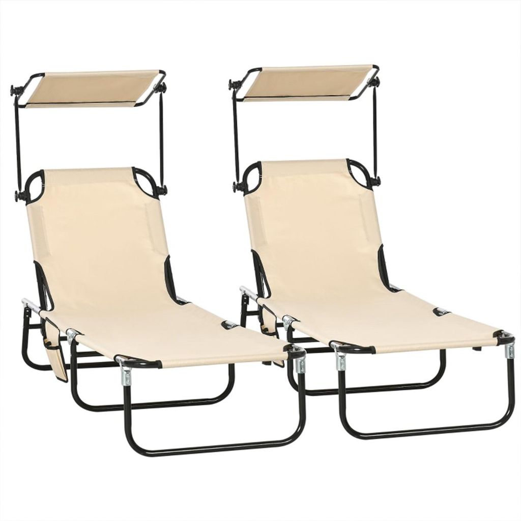 2er Set Sonnenliege mit Sonnendach 5-Fach höhenverstellbarer Rückenlehne Gartenliege Campingliege Beige