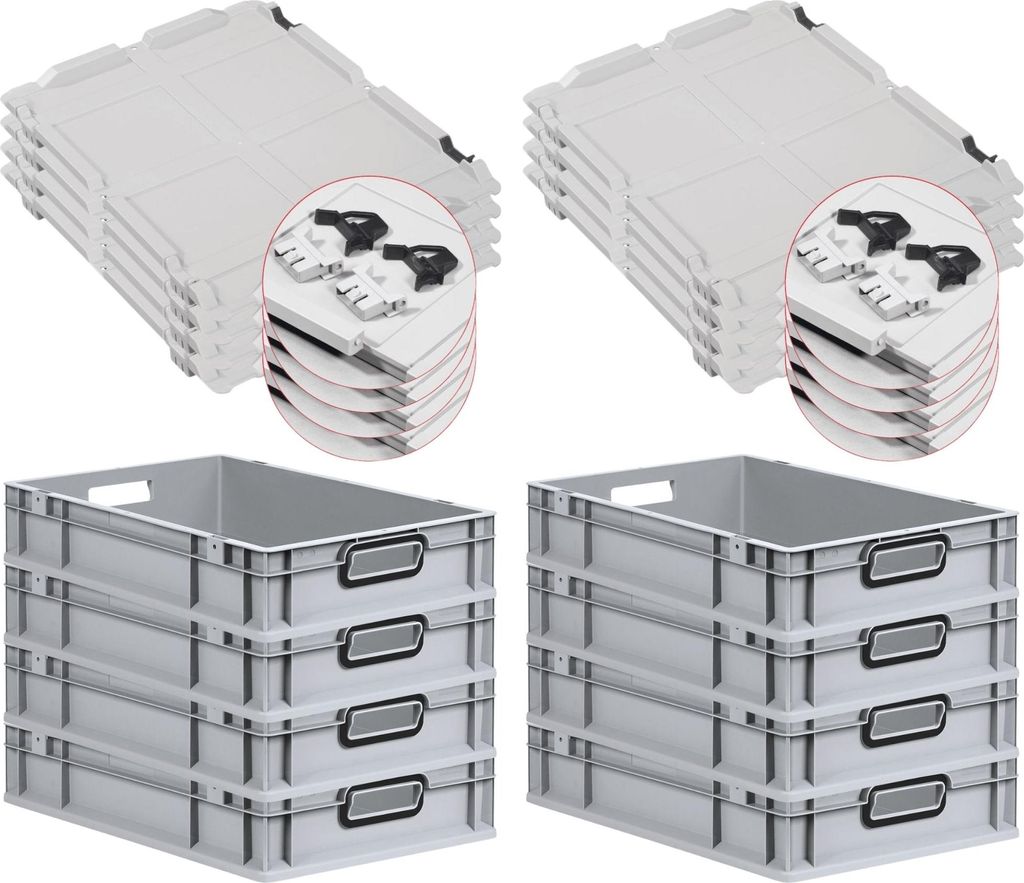 SuperSparSet 8x Eurobox NextGen Color mit Scharnierdeckel und Schiebeschnappverschlüssen | HxBxT 12x40x60cm | 23 Liter | Grau | Griffe schwarz off...