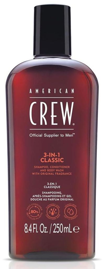 American Crew Classic 3-in-1 Shampoo Plus Conditioner, 250 ml, 3-in-1 Shampoo & Pflegespülung & Duschbad, Nicht-professionell, Männer, Revitalisi...