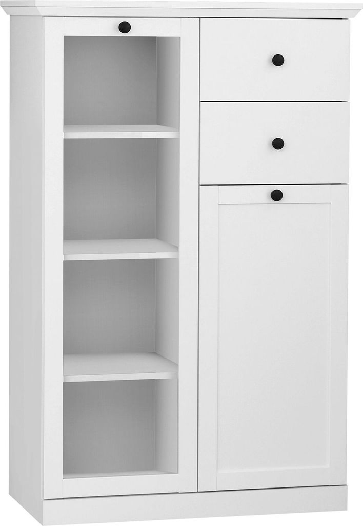 A white vitrine with glass doors and drawers on a white background.