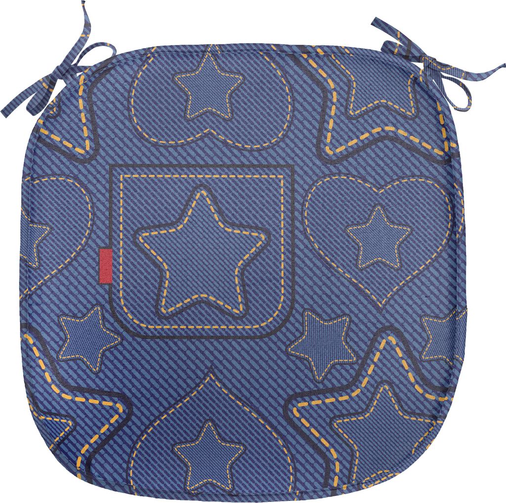 ABAKUHAUS Star Polster für Esszimmerstühle, Herz-Shapes auf Denim, Dekoratives wasserfestes Kissen mit Riemen für Küchensitze, 40 cm x 40 cm, M...