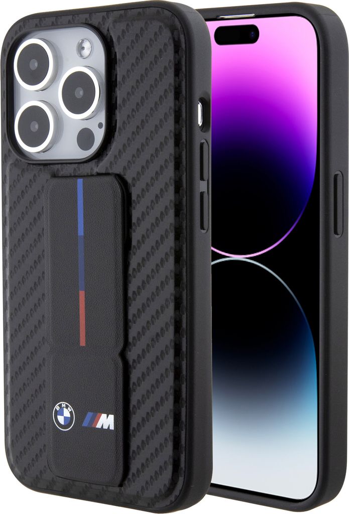 BMW Grip Stand Smooth & Carbon Hülle für iPhone 15 Pro schwarz Handyhülle