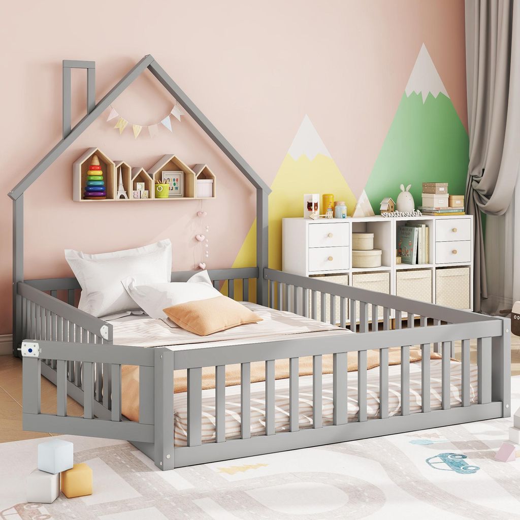 Kinderbett 140x190 cm Massivholz Kiefer Hausbett mit Lattenrost und Sicherheitsgitter Schornstein-Design Bodentiefes Polsterbett Jungen & Mädchen ...