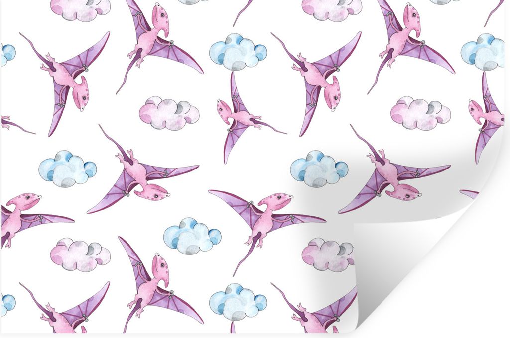 MuchoWow Wandtattoo Wandsticker Wandaufkleber Kinderzimmer - Wolken - Dinosaurier - Mädchen - Kinder - Rosa - Kind 120x80 cm Selbstklebend und R...
