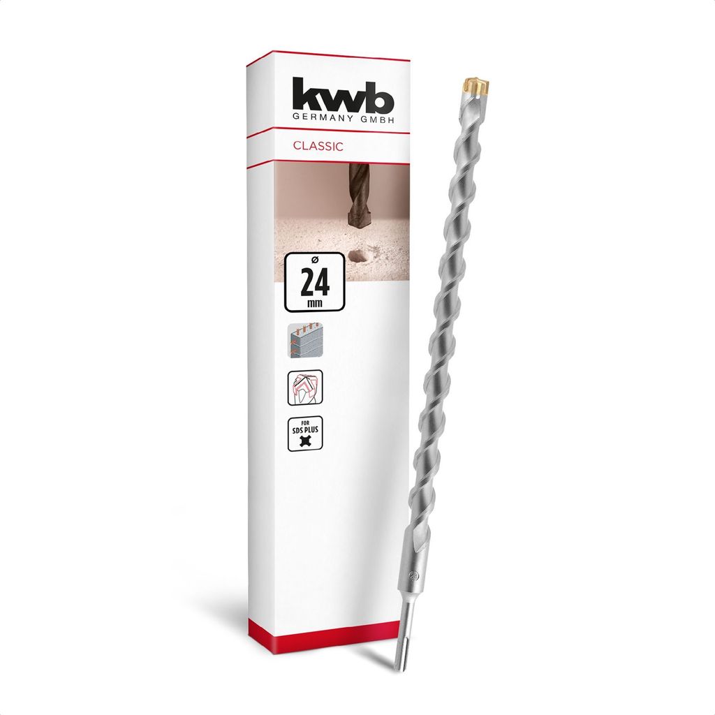 kwb SDS Plus Bohrer, SDS Plus Hammerbohrer (Ø 24 mm x 460/400 mm, mit extrem schneller Hartmetall 4X-Schneide, für armierten Beton, Stein & Mauer...