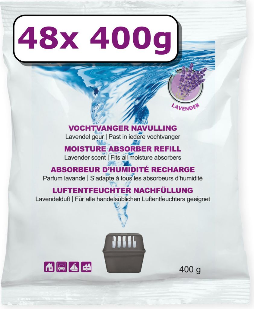 48x Luftentfeuchter Nachfüllung - 400 Gramm - lavendelduft - Granulat im Vliesbeutel - Feuchtigkeit Absorber Nachfüllpack