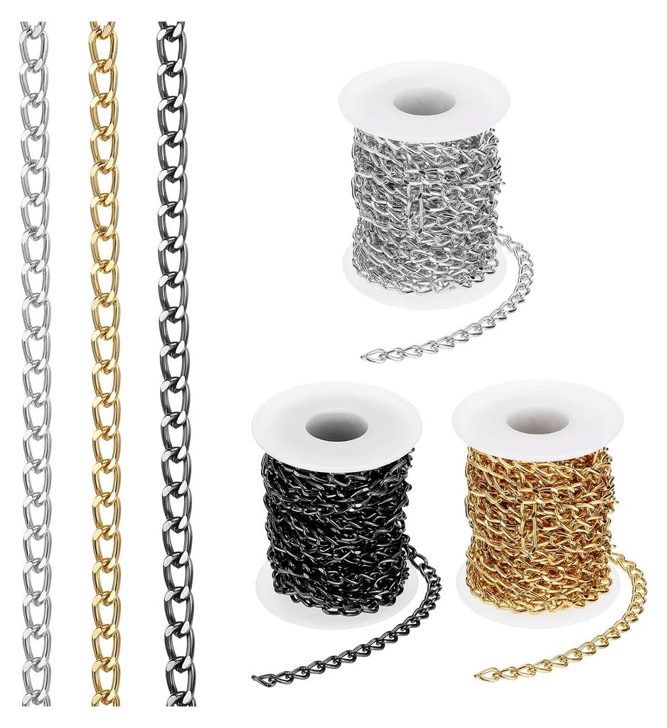49,2 Fuß Aluminium Bordketten Gedrehte Glieder, 3 Rollen 9x6mm Bordkettenrolle Schmuck Ketten Bastelkette für Halskette Armband Ohrring in Gold/S...
