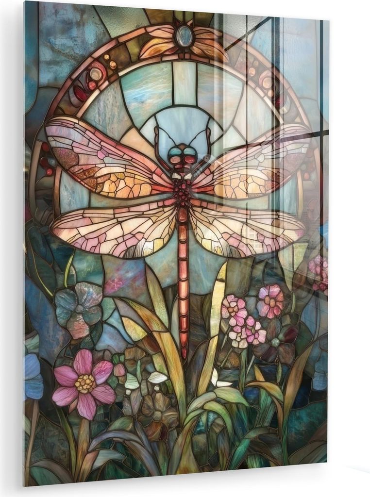 MuchoWow Glasbilder - Bilder auf Wandbild - Foto auf Glas Libelle - Mosaik - Blumen - Farbenfroh 30x40 cm Wanddekoration aus Glas - Acrylglasbild -...