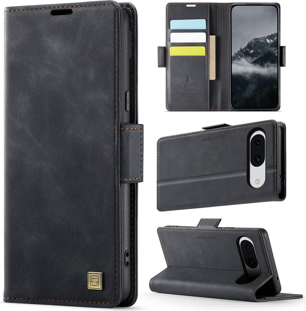 Lederhülle für Google Pixel 8, RFID Schutz Handyhülle mit Magnetverschluss, Kartenfächern und Ständer Schwarz