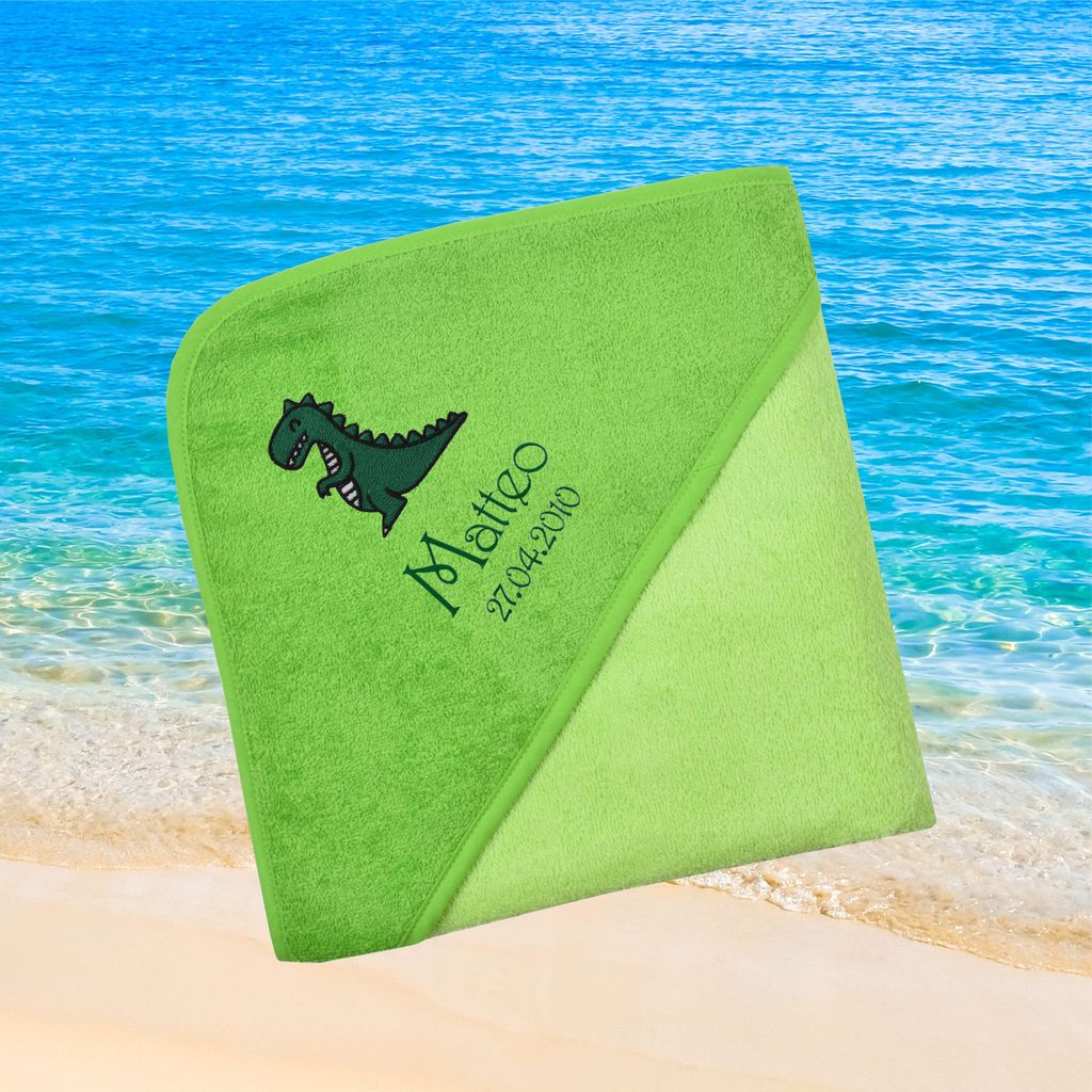 Kapuzenhandtuch für Babys/Jungen, hellgrün, Größe ca. 100 x 100 cm, Motiv Dino Tyrex, Frottee in Baumwolle, bestickt personalisierbar mit Namen