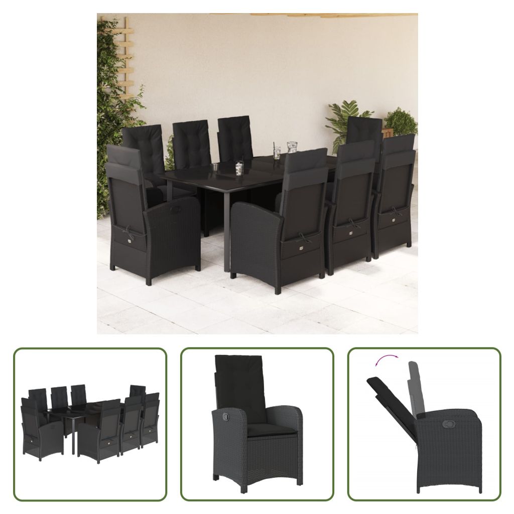 The Living Store 9-tlg. Garten-Essgruppe mit Kissen Schwarz Poly Rattan