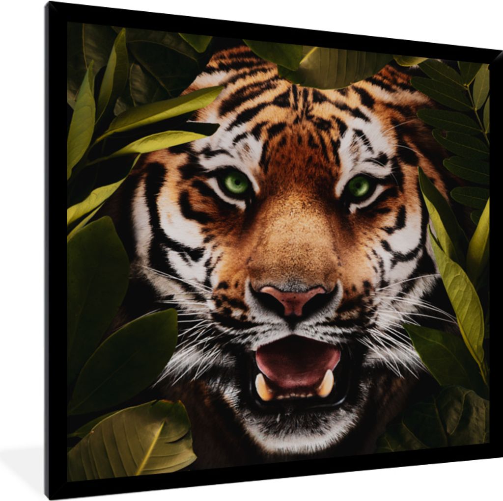 MuchoWow MuchoWow Gerahmtes Poster Tiger - Blätter - Tiere 40x40 cm - Poster mit zchwarzem Bilderrahmen - Mit Rahmen - Wanddekoration Schlafzi...
