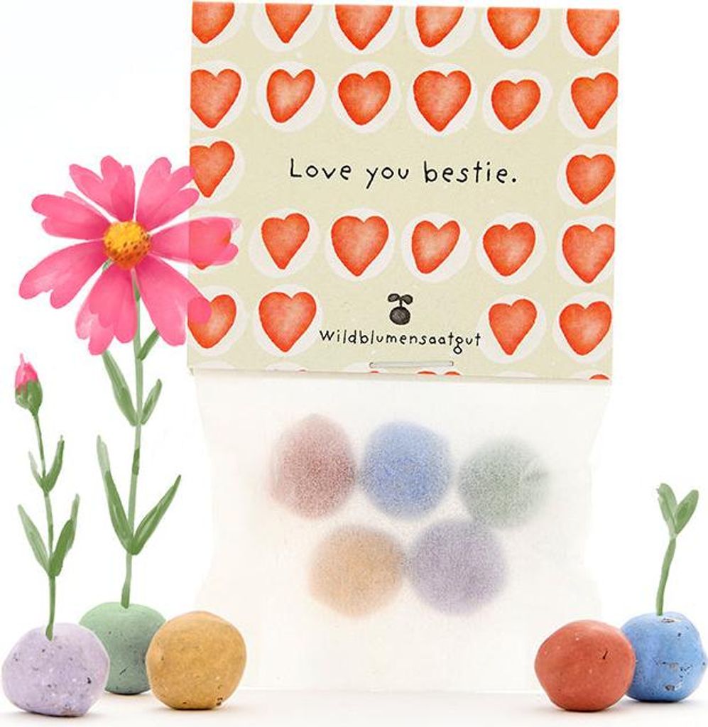 5 Blumenmurmeln im Tütchen „Love You Bestie“ – nachhaltiges Freundschaftsgeschenk – Seedbombs mit Wildblumensamen – umweltfreundliches M...