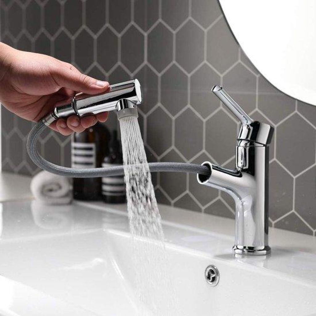 Badezimmertülle mit ausziehbarer Dusche, 2 Wasserstrahlsorten, ausziehbare Messing-WC-Kopf, Ein-Hand-WC-Kopf mit drehbarer Abfluss, Chrom
