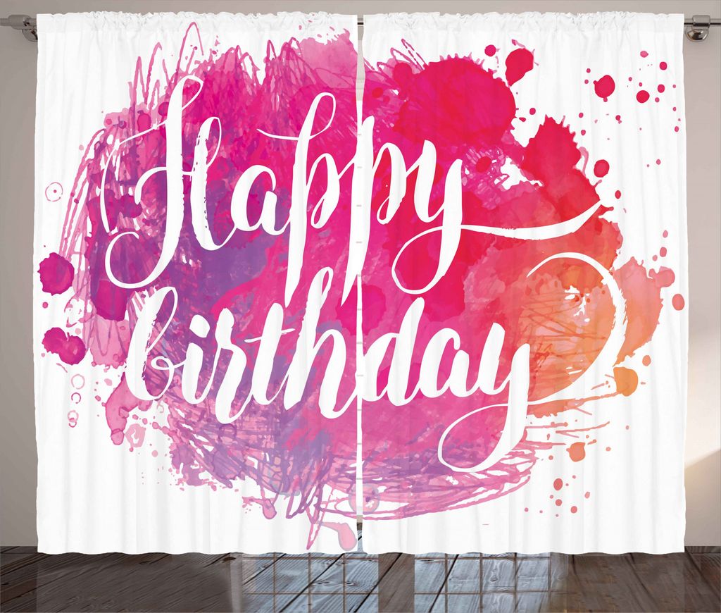 ABAKUHAUS Kunst Rustikaler Vorhang, Aquarell-Geburtstag Text, Wohnzimmer Universalband Gardinen mit Schlaufen und Haken, 280 x 245 cm, Rosa Rot Orange