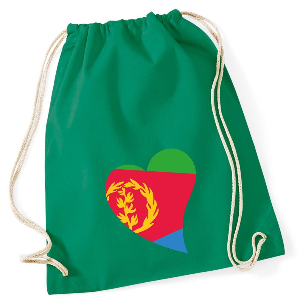 Huuraa Turnbeutel Eritrea Flagge Herz 12 Liter Kelly Green Baumwolle Rucksack Geschenkidee