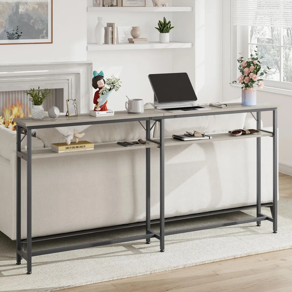 Console étroite 180 cm grise pour salon - Table de rangement bi-niveau - 2