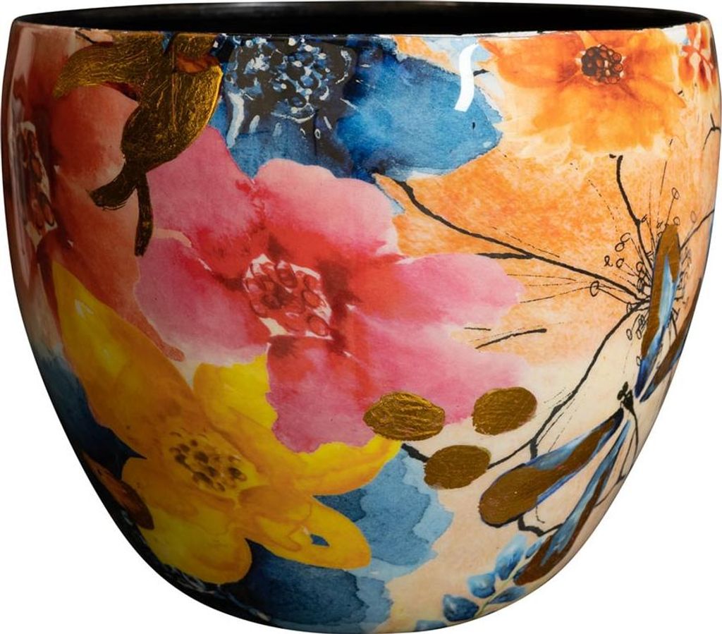 A close-up view of a decorative bowl with a vibrant floral pattern.
