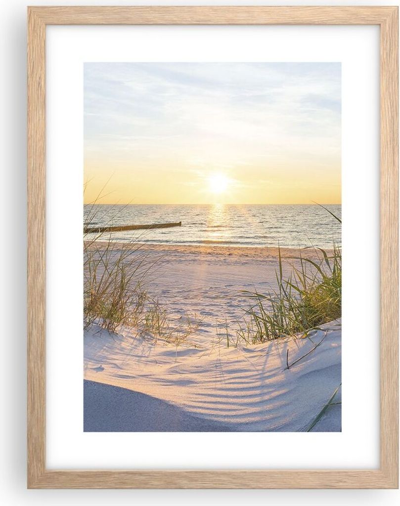 Gerahmtes Poster - Rahmen in heller Eiche - Düne Strand Meer - 30x40 cm - Wand Bild - Wanddeko - Wandbilder - Kunstposter - Wandposter - Bilderrah...